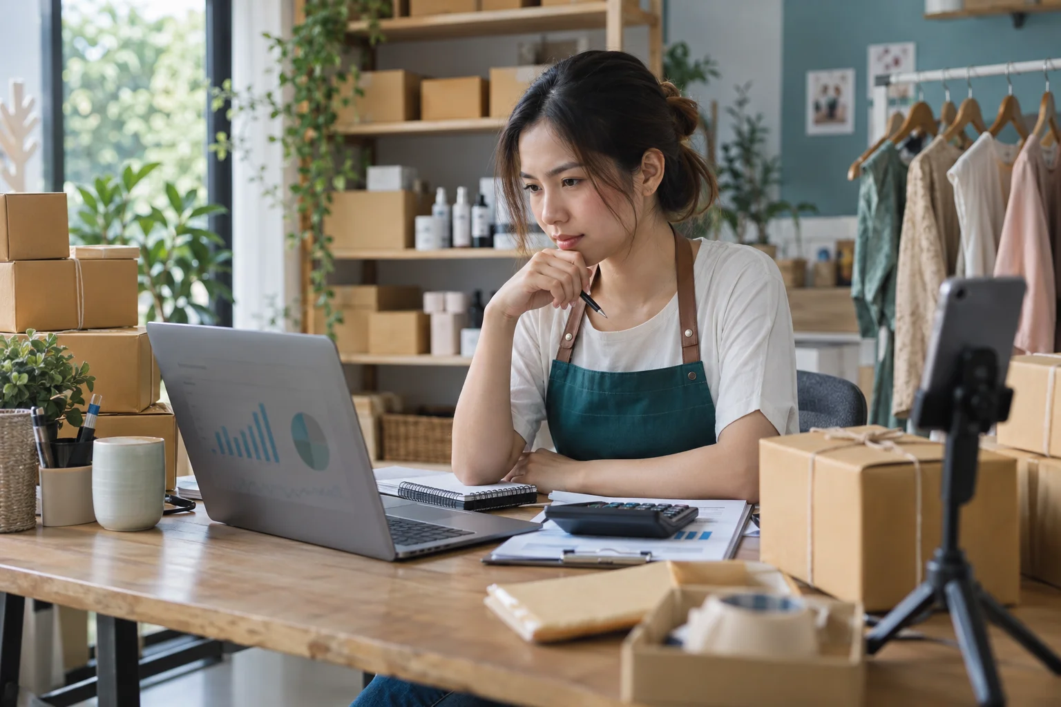 Online retailer reviewing costs and sales at a packing desk