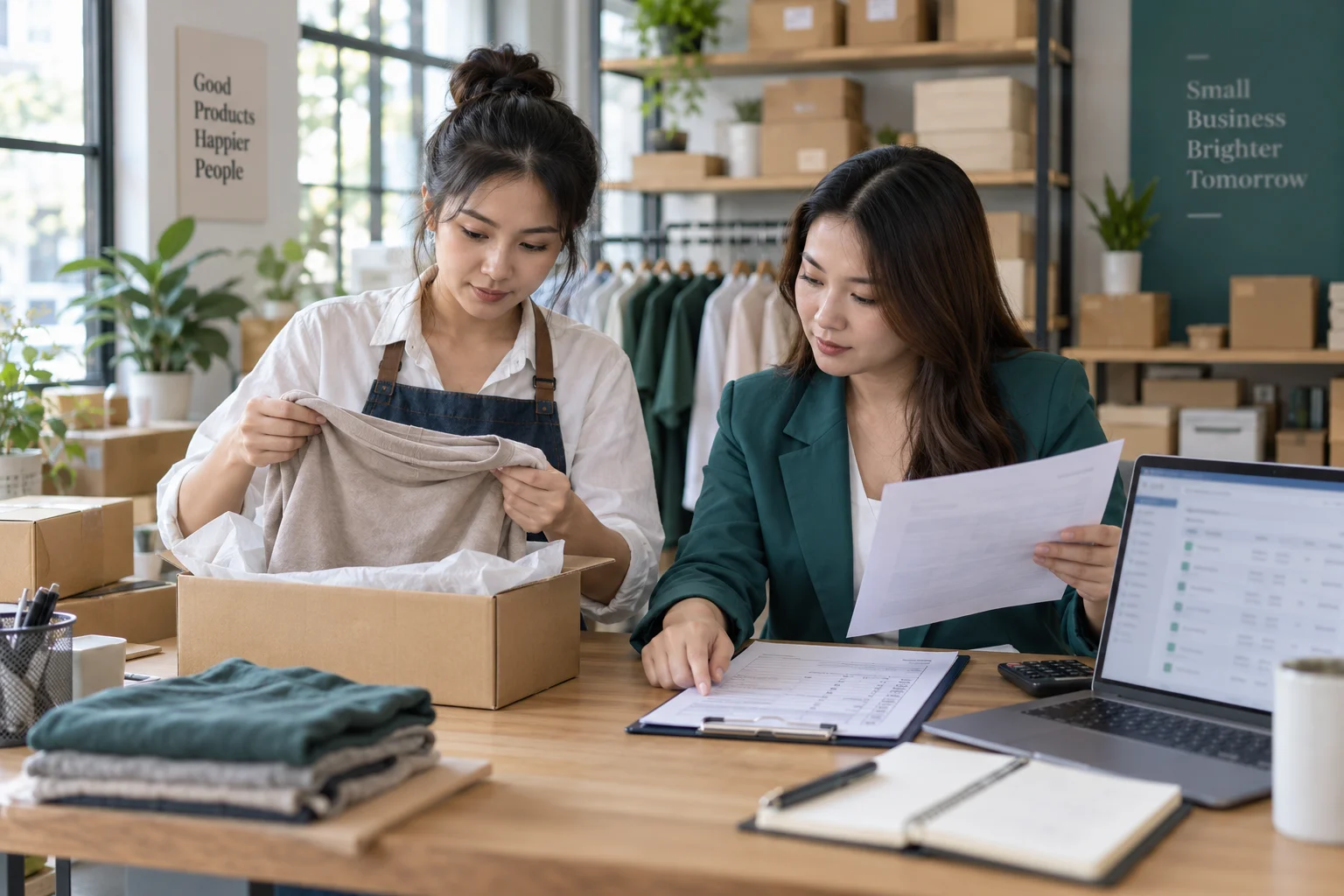 Shop owner and accounting colleague checking returned goods against sales documents