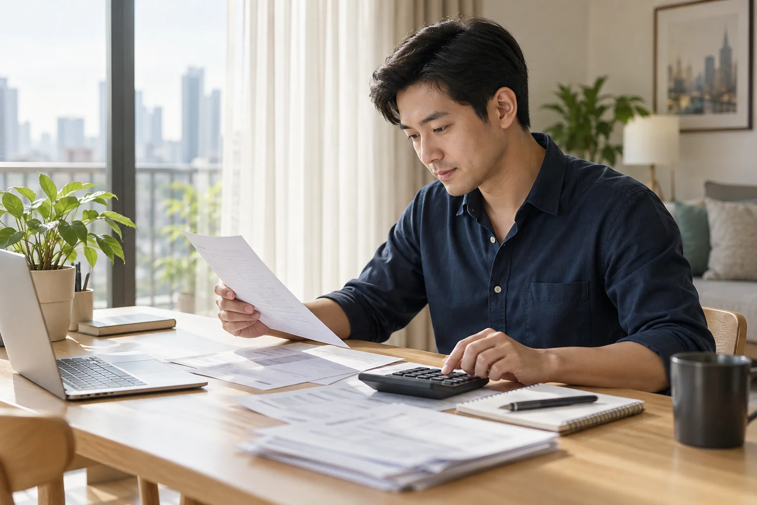 Professional reviewing personal tax records with a calculator at home