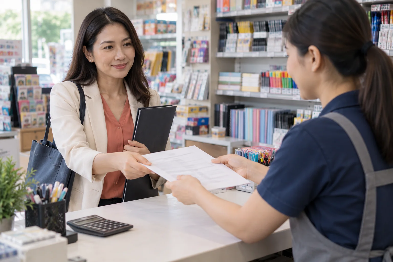 Business customer receiving purchase documentation at a stationery counter
