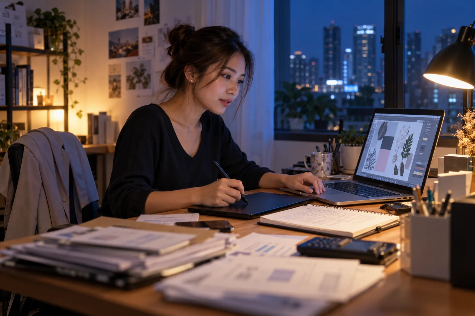 Salaried professional doing freelance design at home in the evening